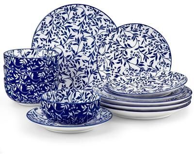 vancasso SELENE 12-Piece Elegant Blue Floral Porcelain Dinnerware Set