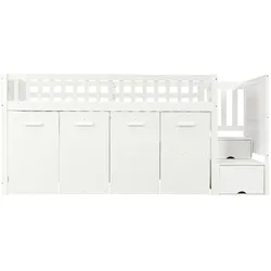 MODFU Etagenbett Holz Weiß 254x95x115 cm, gewerblich geeignet, mit Schreibtisch, Stauraumtreppe und Schränken