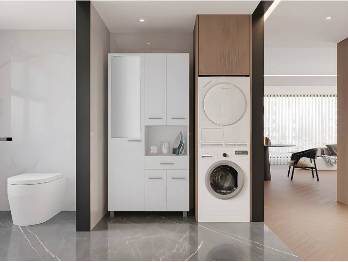 Badezimmerschrank mit Füßen und Spiegel - 180 cm - Weiß - MINELA