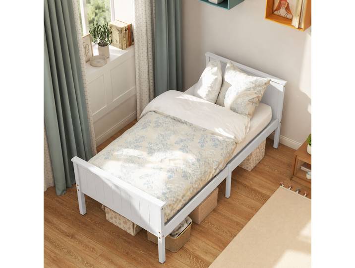 HOMCOM Lit Simple 100x210cm Bois Massif Sommier Inclus Blanc