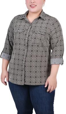 NY COLLECTION 3/4 Roll Tab Blouse With Pockets