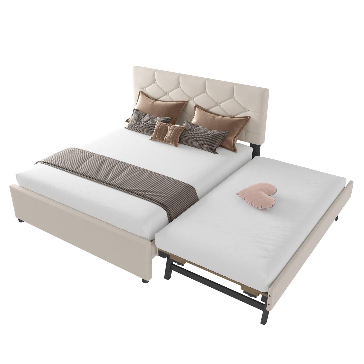 Polsterbett,Hausbett,Doppelbett(Beige,140x200cm)Bett mit Lattenrost (ohne Matratze), Bett mit Rollcontainer, Samt, Minimalistisch