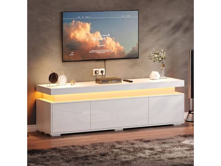 Meuble TV - ZEVKOR - Meuble TV 150 cm - 3 portes - 4 compartiments - LED USB