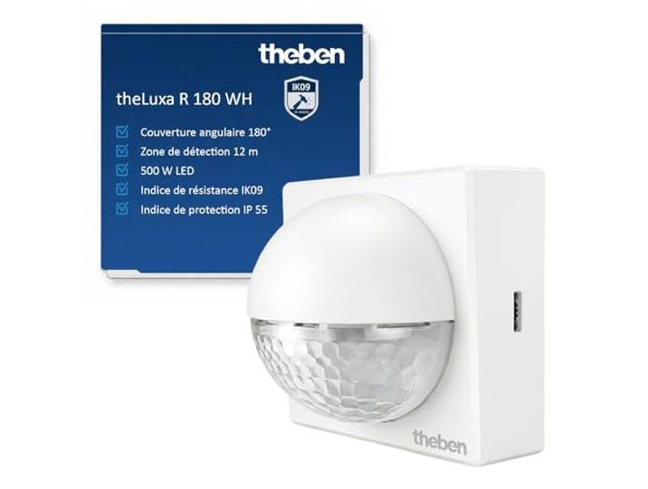 Theben 1010200 theLuxa R180 WH détecteur de Mouvement PIR 180° 12 m Blanc 1 canal\, mur\, 2 s - 30 min\, 2 - 200 lx\, 500 W LED\, passage par zéro\, préréglage\, IP55\, résistant aux chocs IK09 blanc