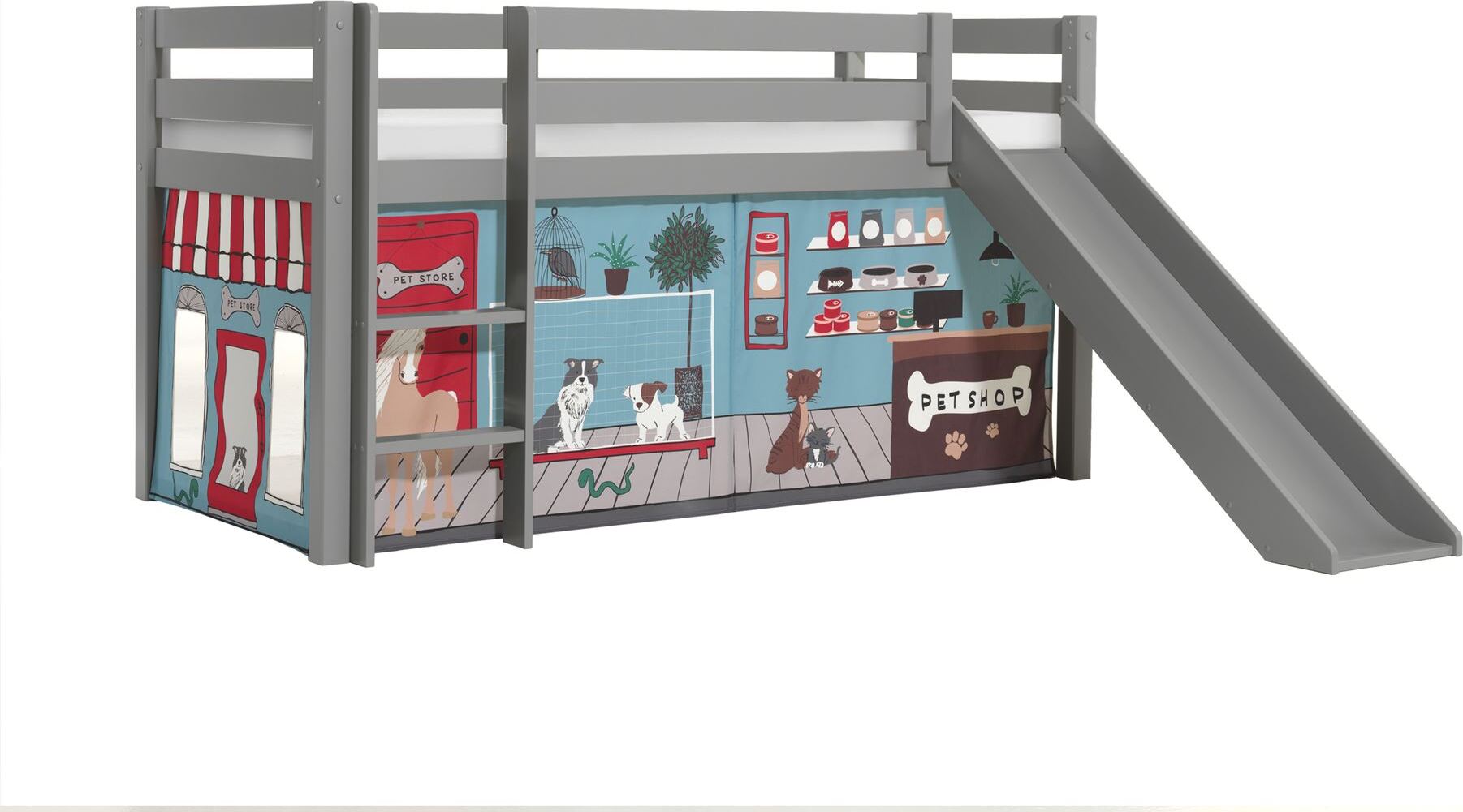 Kinderbett mit Rutsche Karolina Massivholz Grau Textilset Pet Shop