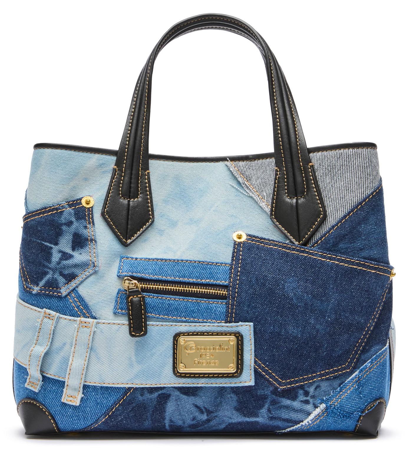 Mia Jeans Tasche mit doppelten Lederhenkeln, abnehmbarem Schulterriemen und kontrastierenden Nähten