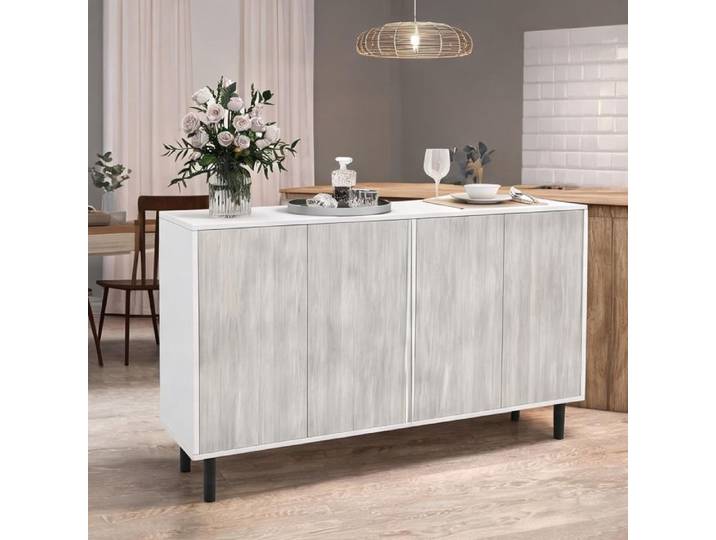 Buffet bas contemporain bicolore 121x37x75 cm en panneau de particules deux portes à ouverture pression
