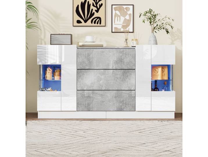 Buffet / Vaisselier - PAGE LIVING - 140x35x75 cm - 2 portes 3 tiroirs - Blanc brillant & marbre gris - LED 16 couleurs