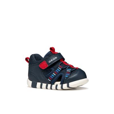 Lauflernschuh GEOX "B SANDAL IUPIDOO BOY", Baby, Gr. 23, blau (navy, rot), Lederimitat, Textil, bestickt, kontrastfarbene Details, Basic, Schuhe Lauflernschuh, Babyschuh mit Stickmuster, Größenschablone zum Download