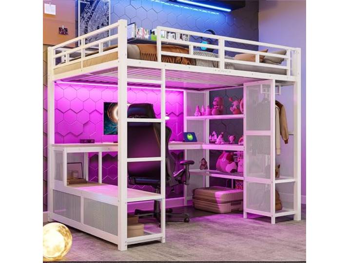 BTM Jugendbett 140x200cm Großes Metall-Hochbett mit Schreibtisch, Offenem Kleiderschrank, LED-Beleuchtung, Stauraumbett, Weiß