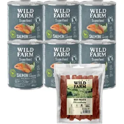 WILD FARM Superfood Lachs (Lachs mit Zucchini, Süßkartoffeln und Kräutern) 6x800g getreidefreies Hundefutter + WILD FARM Rinderfilet 500g