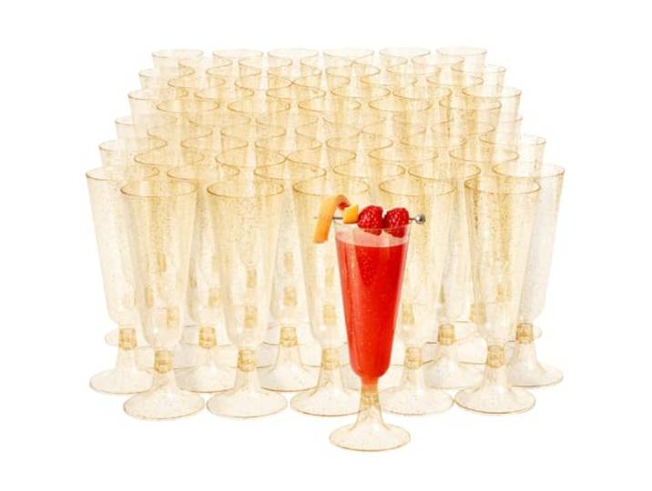 MATANA 300 Premium Elegante Sektgläser aus Kunststoff mit Goldglitter, 150ml - Plastik Champagnergläser Gold, Mehrweg Sektflöten, Cocktailgläser für Hochzeiten, Geburtstage, Partys