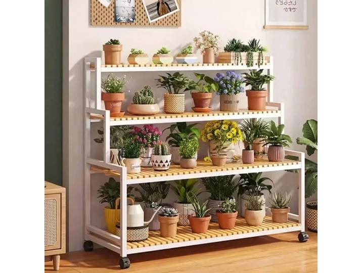 Support de fleurs Mobile blanc avec roulettes, support de sol, étagère intérieure en couches, support de bassin de fleurs pour plantes réglable et détachable