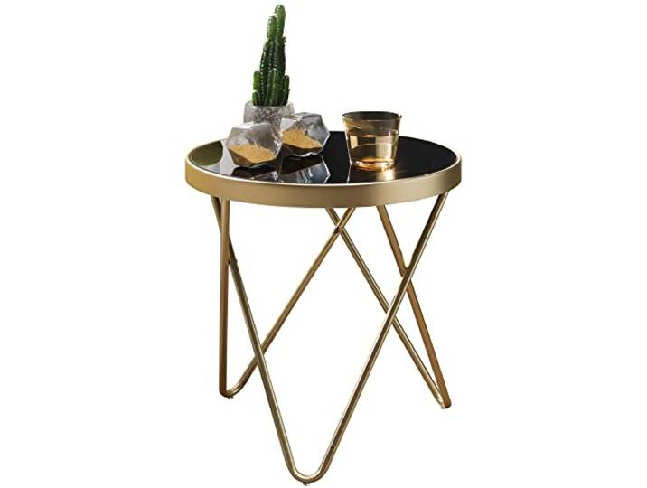 möbelando Design Beistelltisch Parma 42x46x42cm Couchtisch Rund Schwarz/Matt Gold Designer Glas-Wohnzimmertisch modern Glastisch Metallgestell Kleiner Sofatisch Runder Metalltisch Wohnzimmer