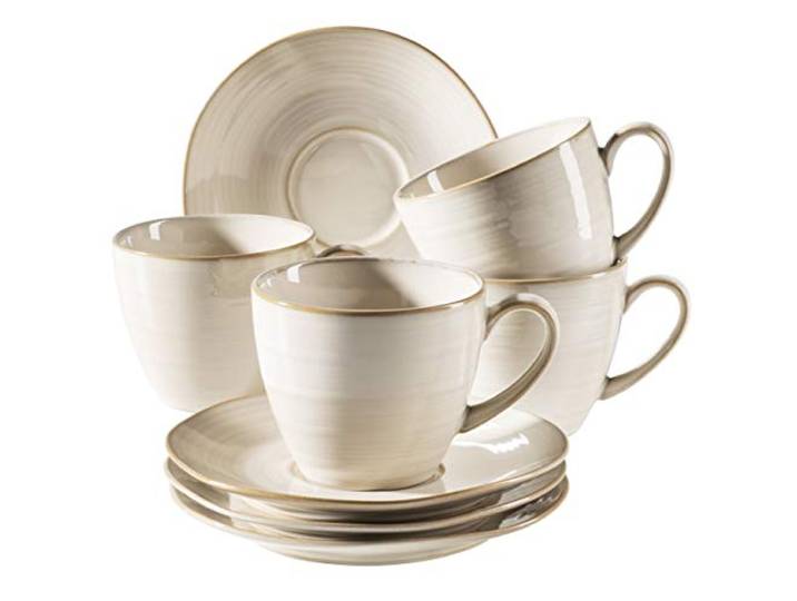 MÄSER Serie Nottingham, Vintage Kaffeetassen Set für 4 Personen, Untertassen mit unregelmäßigen Rundungen im Retro Look, Steinzeug, Beige