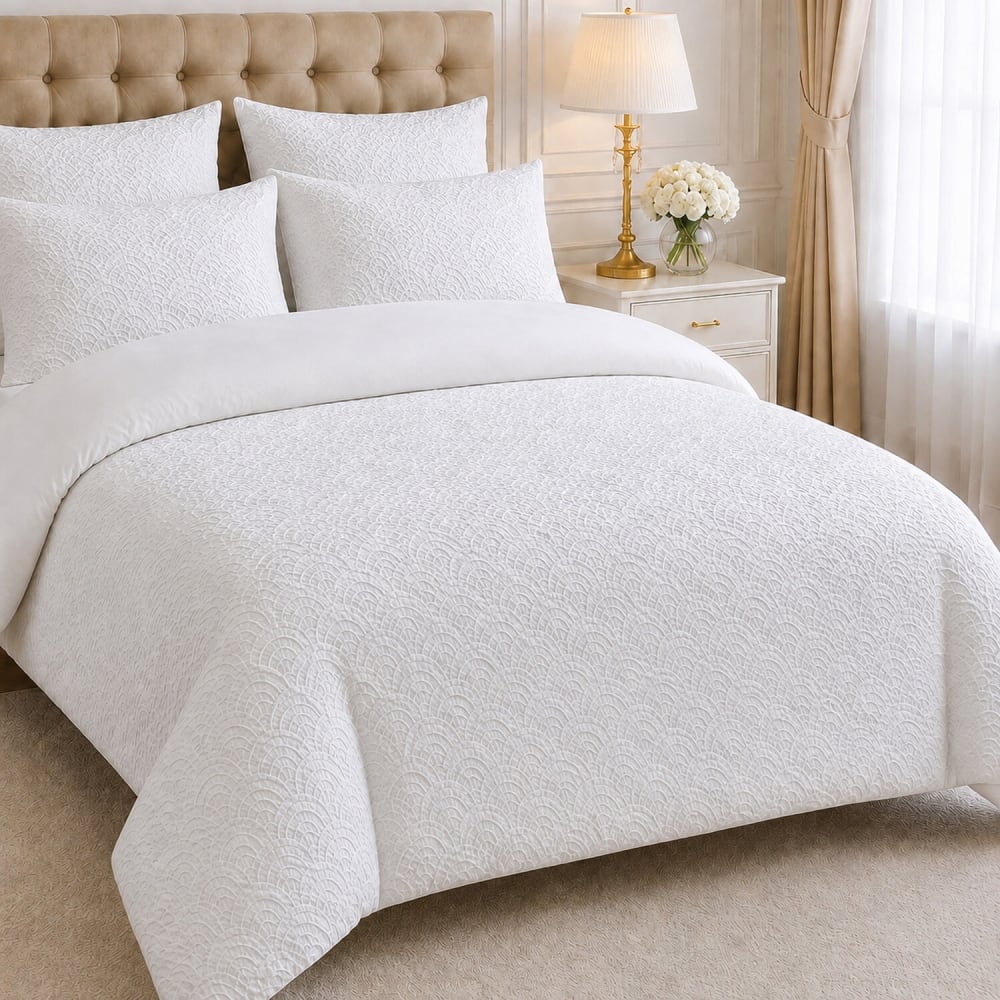Home collection Parure de lit microfibre jacquard éventails + 2 taies 240x220 cm Blanc 240x1x220cm