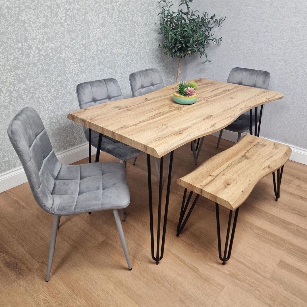 Norden Home Wooden Dining Table With Bench and 4 Velvet Chairs - Stylish Dining Room Furniture Grey 6
