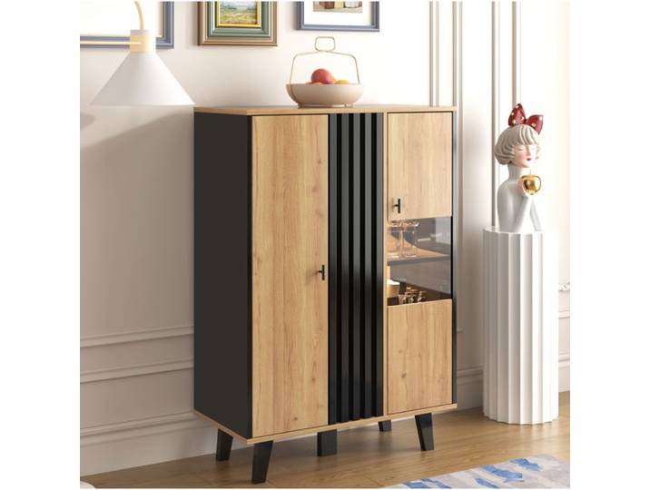 Vitrine buffet 80x120x40 cm avec LED portes vitrées design bois et noir en panneaux de particules FOLYNA