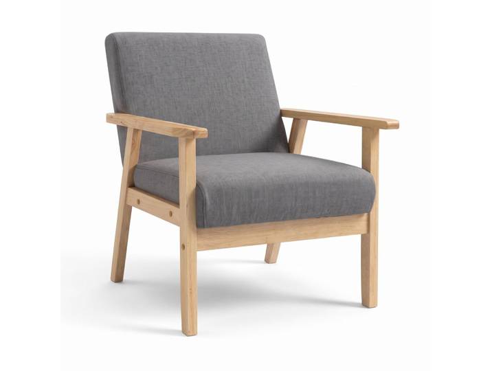 Fauteuil lounge finition lin, cadre bois massif, gris