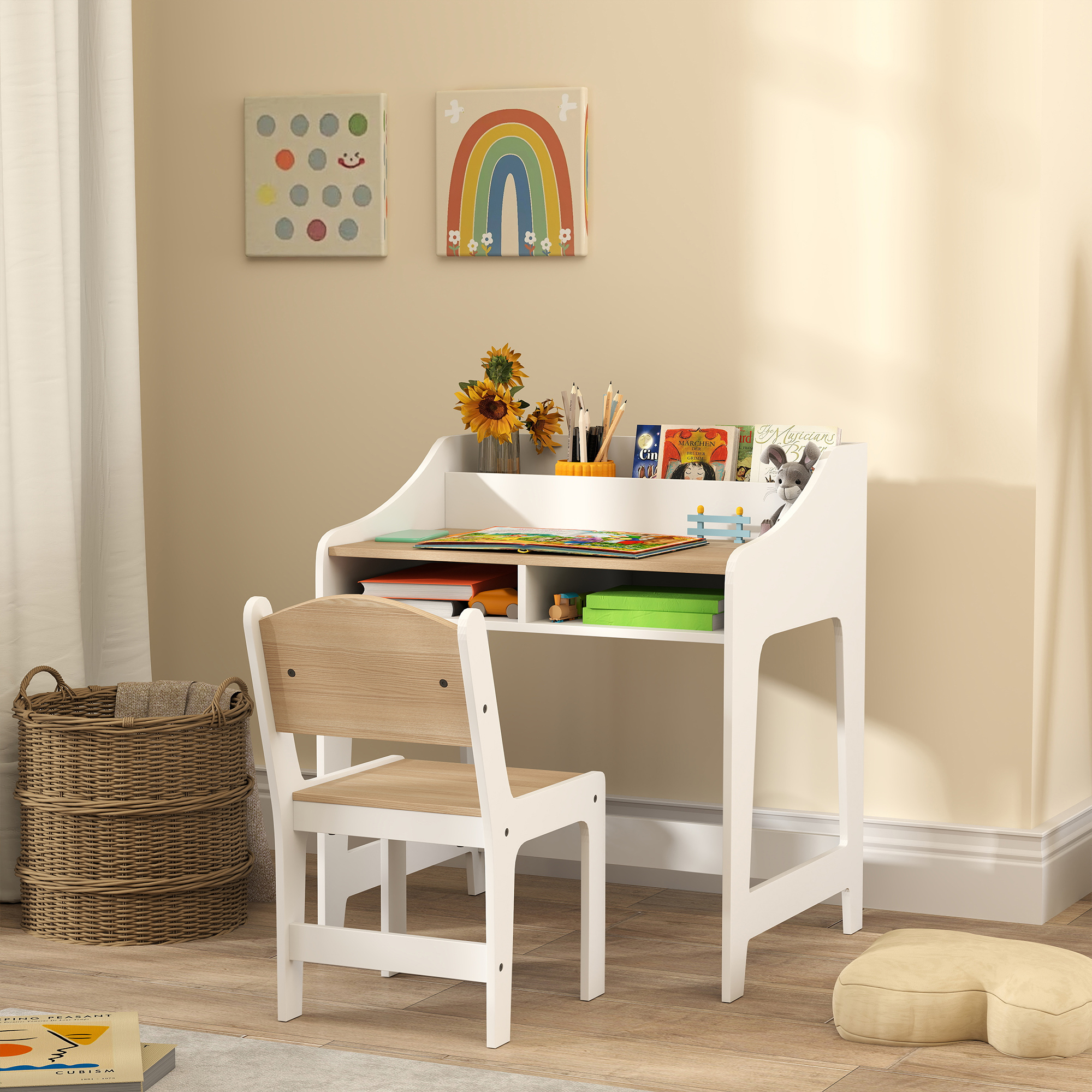 Aiyaplay Set Scrivania per Bambini con Spazio di Archiviazione, Scomparti Aperti, Sedia, 3-8 Anni, Legno   Aosom Italy