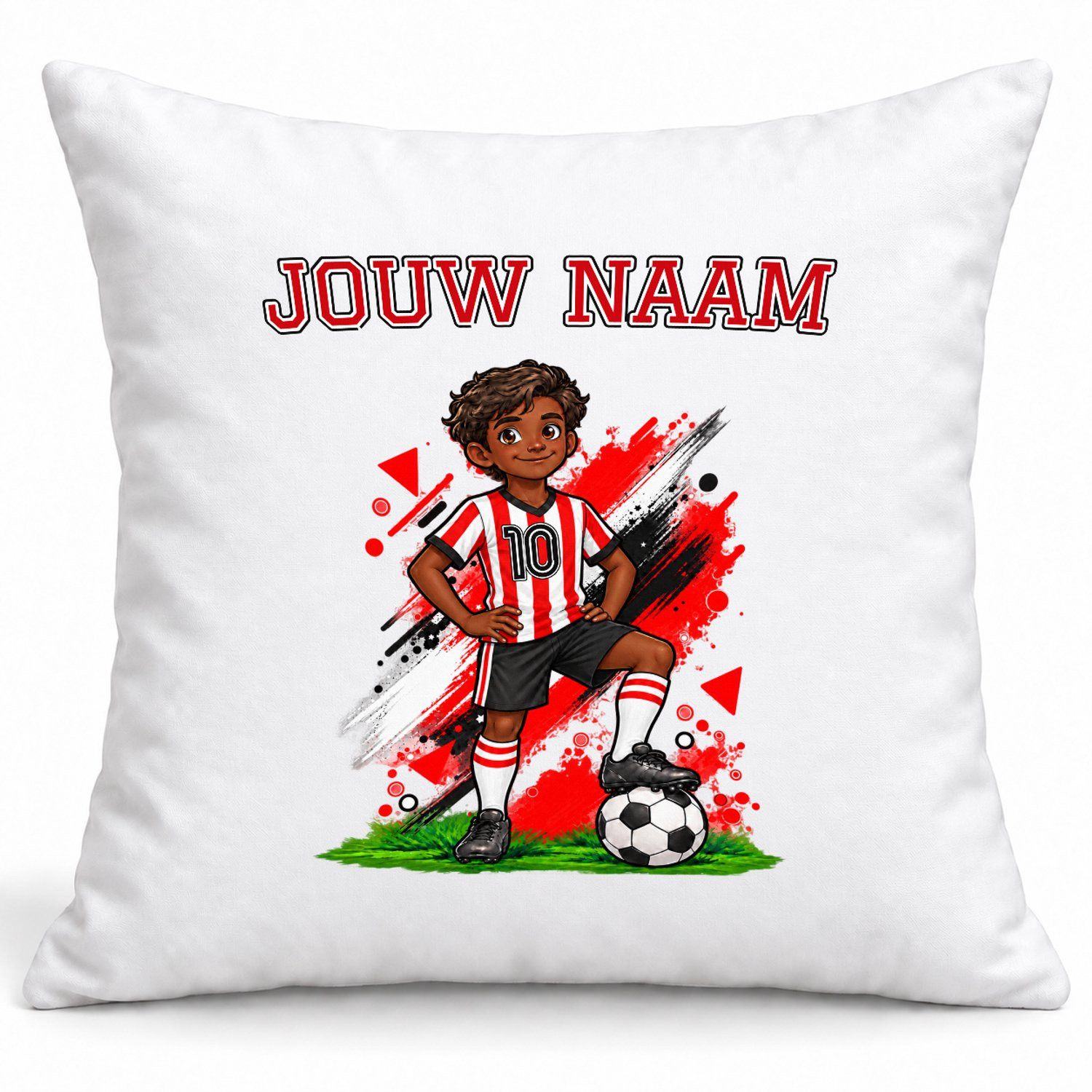 Gepersonaliseerd Voetbal Kussen met Naam en Nummer - Rood-wit - 40 x 40 cm - Inclusief Vulling