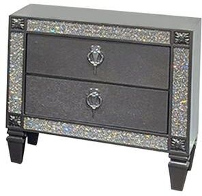 Benjara Laine Nightstand, 2 Drawers, Crystal Like Acrylic Trim, Gray Solid Wood