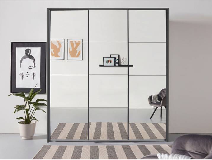 Schwebetürenschrank, Grau, 211x233x68 cm, Holzwerkstoff, Spiegelfront, Modern, Rauch
