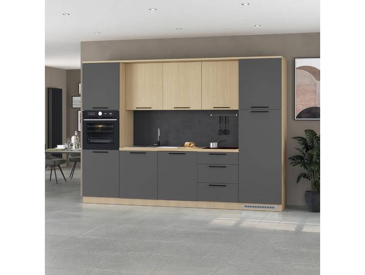 Cuisine complète effet bois anthracite mat/chêne 300x60x214,5