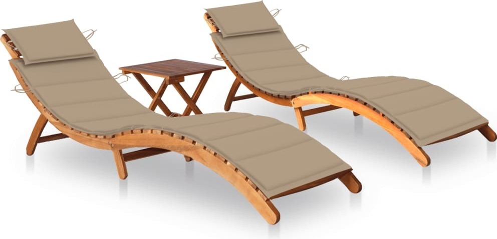Sonnenliegen-Set 2 Stk., klappbar mit Beistelltisch und beigen Polstern, Akazien-Massivholz geölt, 184x55x64 cm, für Garten, Terrasse & Pool