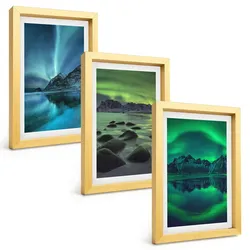BILDER SET 3er Set - 20x30 cm Goldrahmen - Winterlandschaft der Aurora borealis