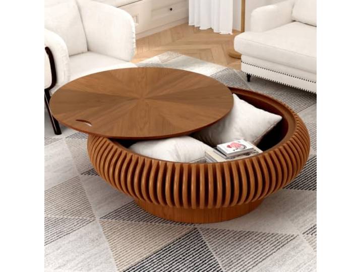 DAXUESEH Runder Couchtisch Mit Stauraum, Geriffelter Couchtisch Moderner runder geriffelter Couchtisch, runder Beistelltisch aus Holz, ideal für kleine Wohnungen