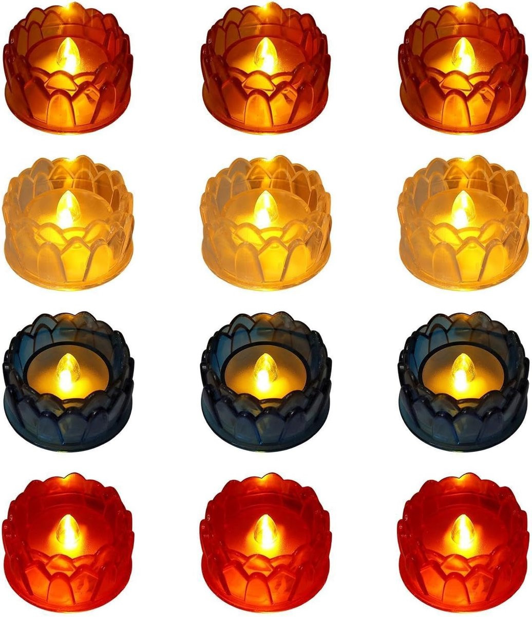 Set van 12 vlamloze LED kaarsen met bloemdecoratie voor sfeervolle elektronische verlichting in meerdere kleuren