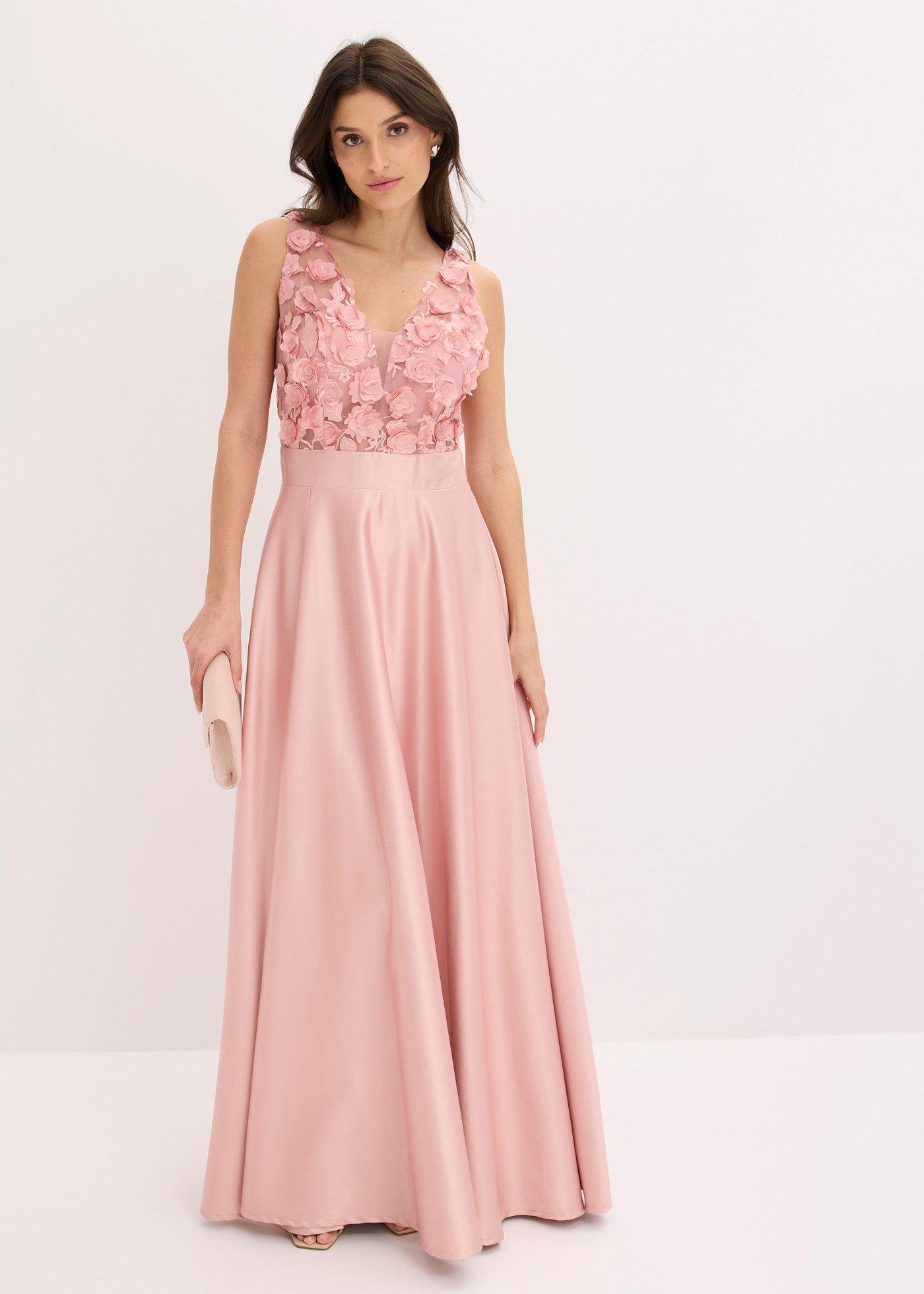bonprix Abendkleid aus glänzendem Satin mit Blumen-Applikation, rosa, Gr.54, Modern und feminin: Maxikleid aus glänzendem Satin mit hohem Schlitz und Blumen-Applikation im Oberteil