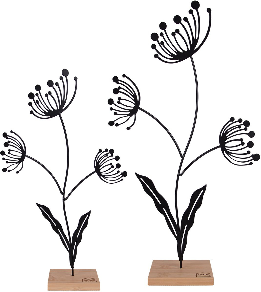 UNUS Decoratieve bloemsilhouet set van 2 zwarte metalen staanders voor tafel- of kastdecoratie