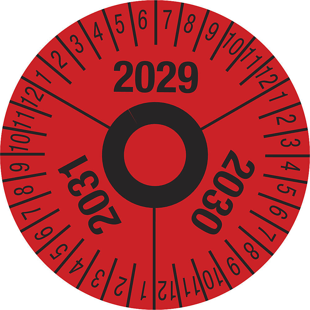 kaiserkraft Prüfplakette, Mehrjahreszahlen, rot, Folie, Ø 40 mm, VE 10 Stk, 2029 - 2031