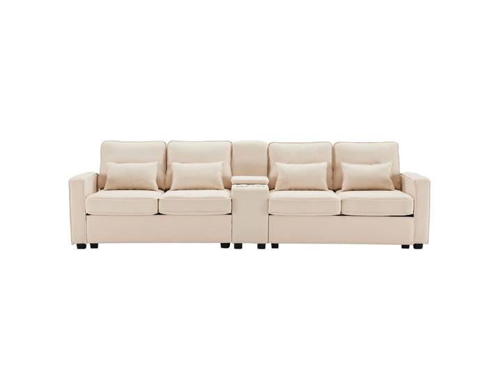 Canapé 4 places, 2 usb, 2 porte-gobelets, 4 coussins, lin