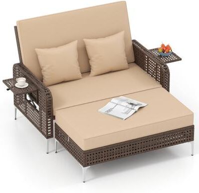 Costway 2 Piece Patio Rattan Daybed Wicker Loveseat and Ottoman with Adjustable Backrest-Brown