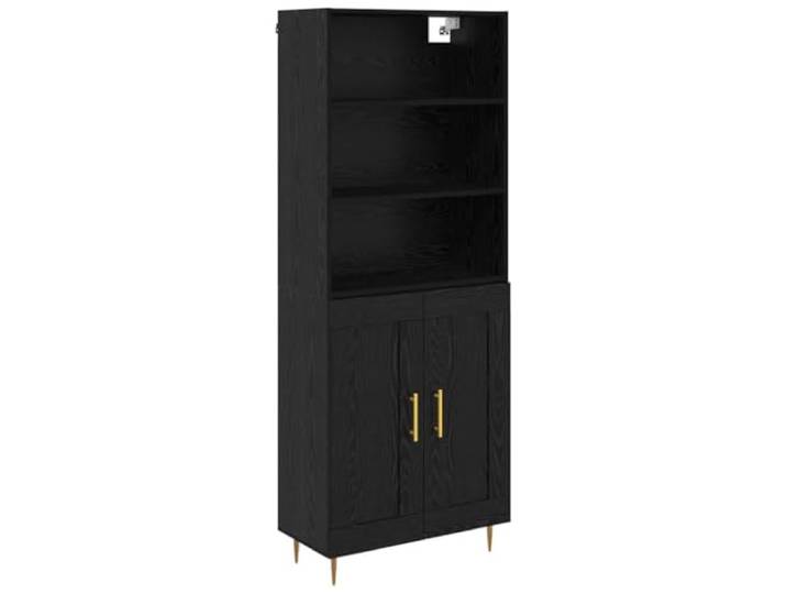 PUGYNBK Hoher Sideboard, Eiche, Schwarz, 69,5 x 34 x 180 cm Gearbeitetes Holz, goldene Eisenbeine, moderner Stil, Regale, Esszimmer und Wohnzimmer