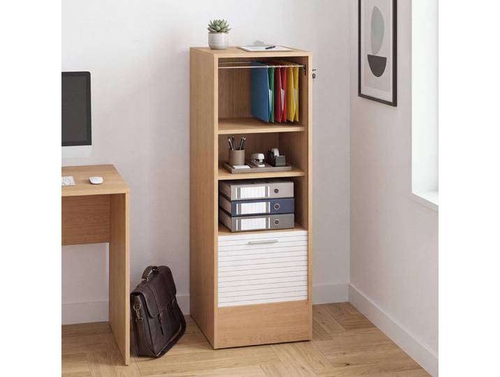 Meuble classeur à rideau verrouillable 4 tablettes blanc et bois