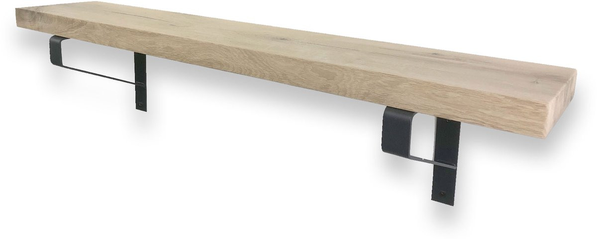 Eiken wandplank inclusief zwarte plankdragers - Industrieel houten wandplank