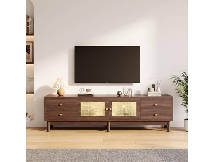 Ball & Cast TV Schrank (180×35×44cm) mit 2 Rattantüren und 4 Schubladen, Fernseher Tisch mit Hydraulischen Scharnieren, Bequeme Montage, Braun