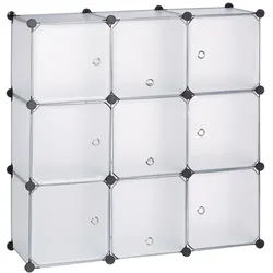 Relaxdays Regalsystem mit Türen, Raumteiler Kunststoff, Standregal 9 Fächer, Badregal, HBT: 95 x 95 x 32 cm, transparent