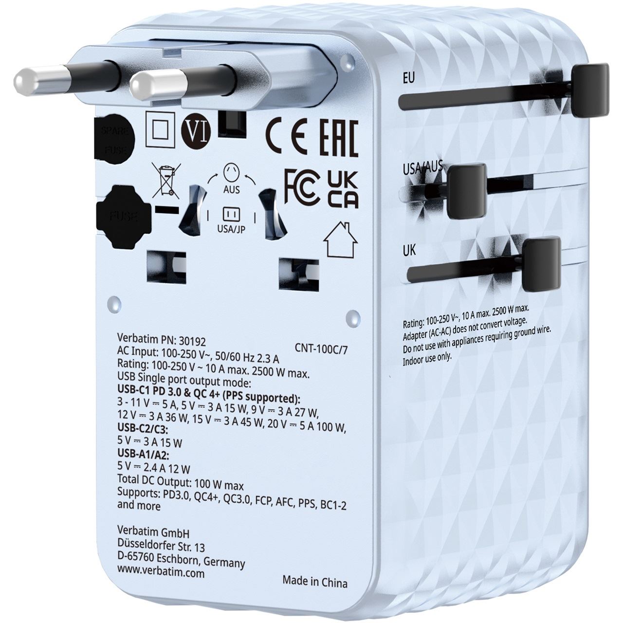 VERBATIM CHARGE 'N' TRAVEL 100W UNIVERSAL TRAVEL ADAPTER WITH RETRACTABLE CABLE BLUE