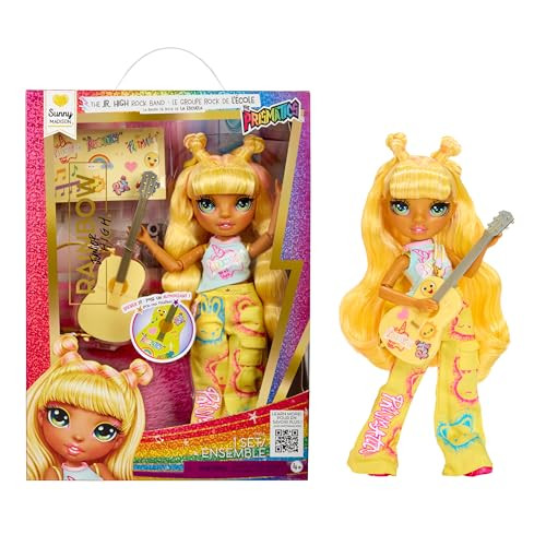 Rainbow High Junior High Rock Band - Zonnig Geel - Fashion Pop met Gitaar en Stickers, 23 cm