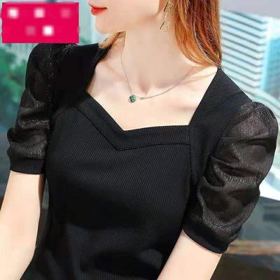 Universal Stock Women's Ribbed Sweetheart Neck Puff Sleeve Slim Fit Top For Casual Office Wear black xxl