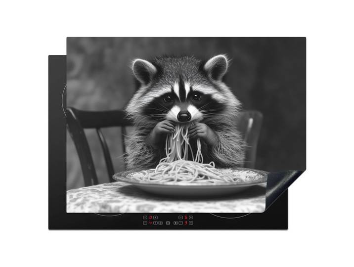 HERDABDECKPLATTE Waschbär - Niedlich - Pasta - Tischtuch - Schwarz - Weiß Induktionsmatte 71x52 cm