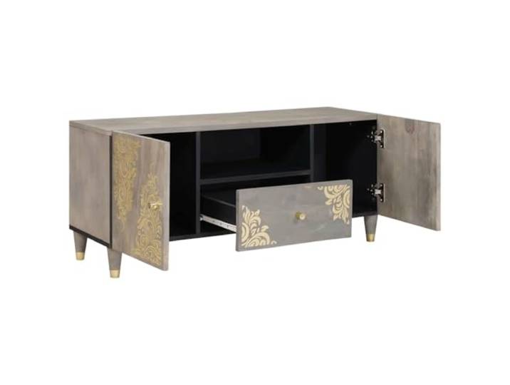 TV-Schrank mit Regal Grau 105 x 33 x 46 cm Massivholz Mango Mangoholz, Holzwerkstoff, 2 Türen, Messinggriffe, goldene Druckmuster, Massivholz Beine, Wohnzimmer