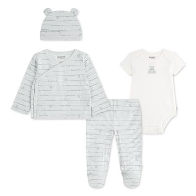 Shirt, Hose, Jacke & Mütze HUGGIES BABYWEAR "HUGN 4PC SET", Mädchen, Gr. 4 (9M/74), weiß (baby mist), Jersey, Obermaterial: 100% Baumwolle, bedruckt, KOB Set-Artikel, Mütze-Jäckchen-Body-Hose mit Fuss - Alloverprint