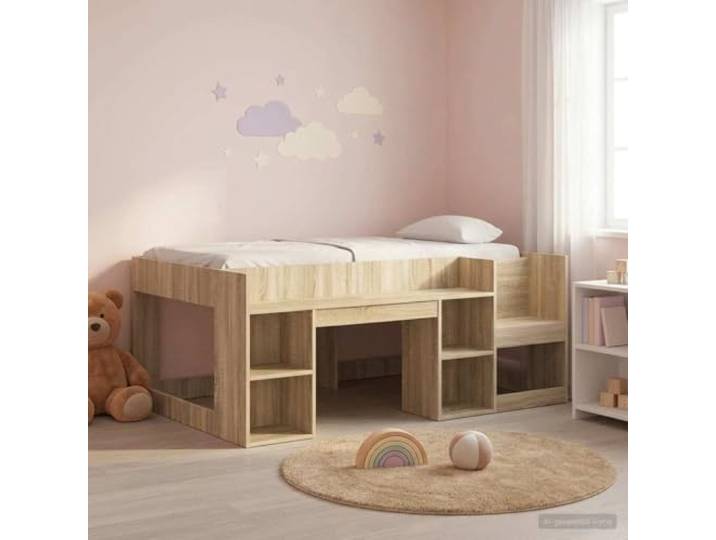 RJPLMFV Bettgestell für Kinder, mit Aufbewahrung, Eiche Sonoma Langlebiges Holz, integrierte Regale, feste Lamellen, einfache Montage