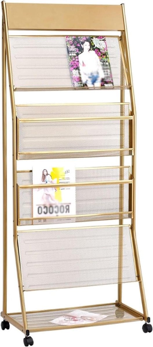 Magazijnrek Brochurehouder Standaard met 4 Lagen en Wielen - Zwart